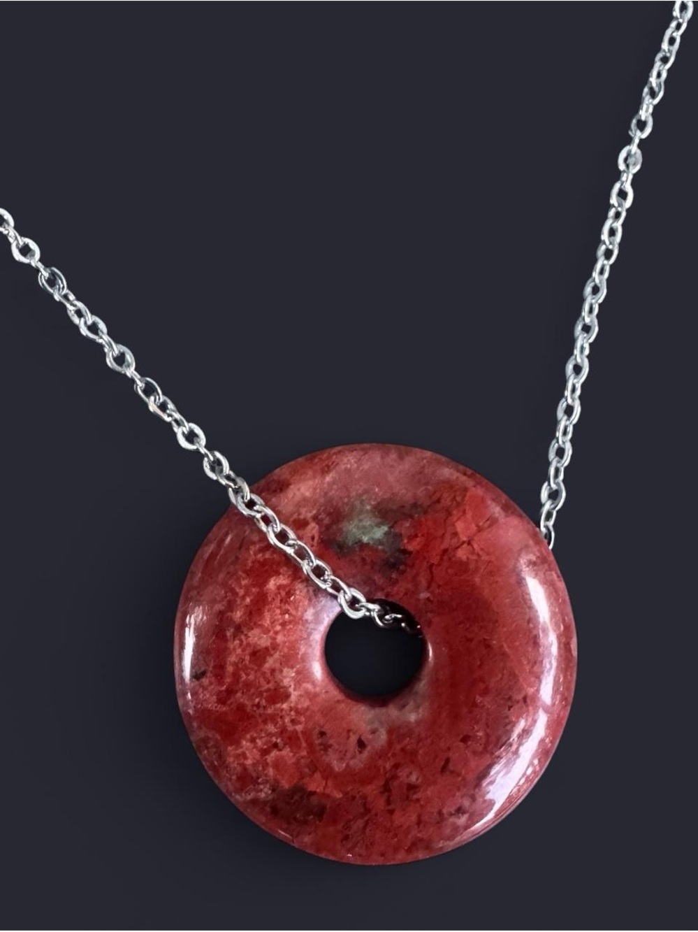 Red Jasper Donut Pendant Silver Necklace